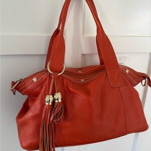 Cuore & Pelle Womens Large Satchel Tote Orange Leather Tassels Adjustable Strap
